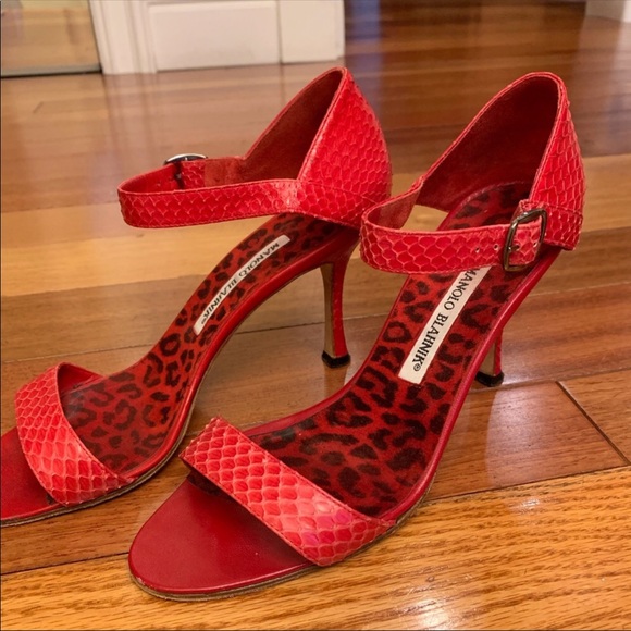 Manolo Blahnik Red Snakeskin Heeled Sandals - Picture 4 of 4